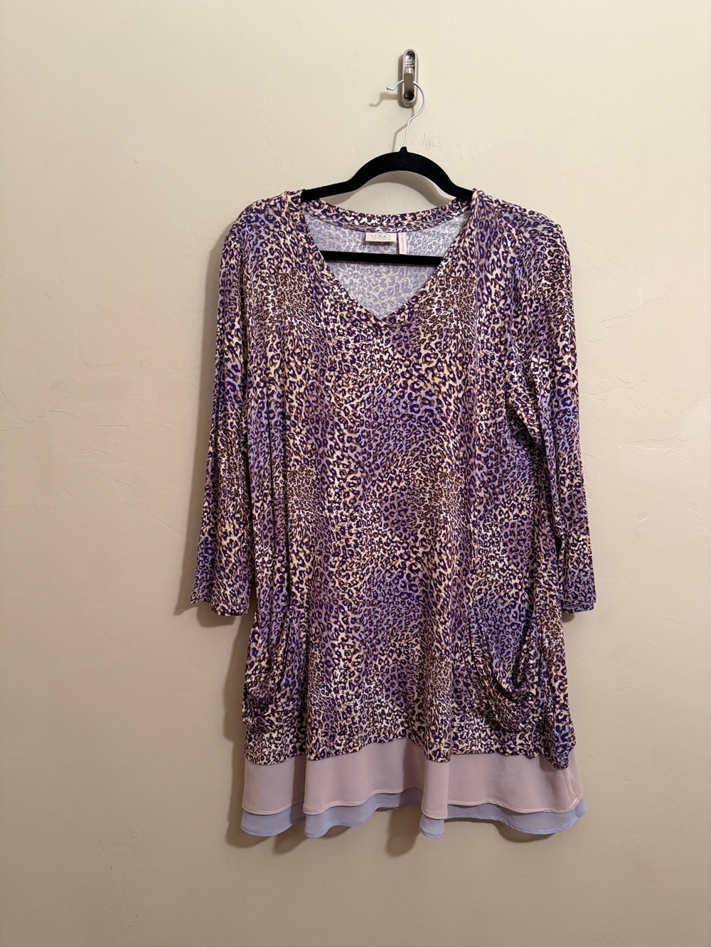 LOGO by Lori Goldstein Size L Purple Leopard Print Tunic Top Chiffon Hem Pockets